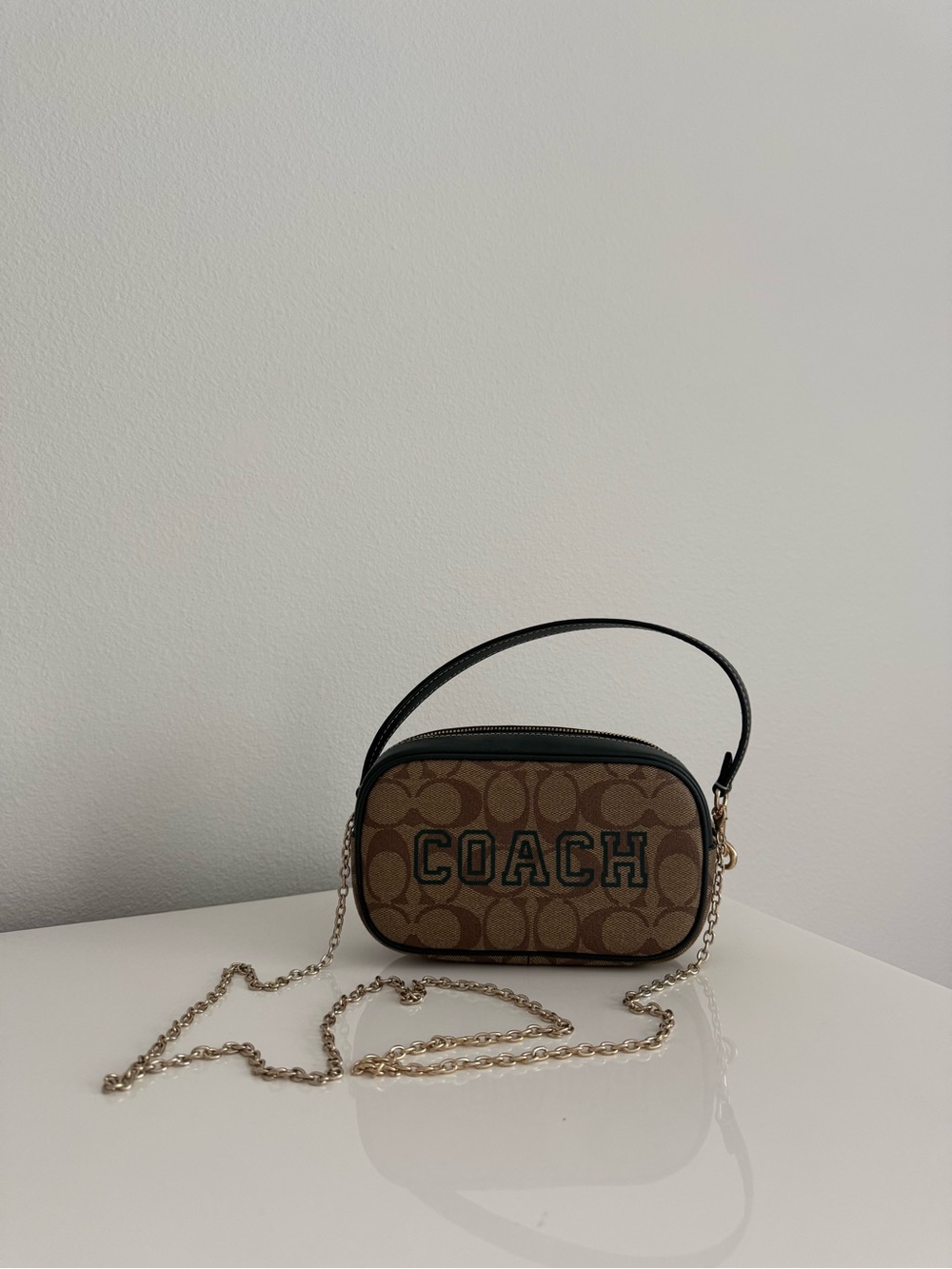 COACH Signature Brown Canvas Crossbody Bag with Gold Chain
